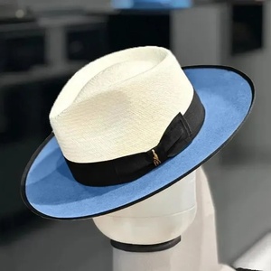 Two Tone Paper <b>Straw</b> <b>Fedora</b> Hat With Black Ribbon Band Sunshade Wide Brim Beach Hat for Women - Product Image 2