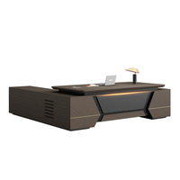 Ensemble de bureau de direction moderne avec chaise, table de patron en forme de L avec éclairage LED et armoire