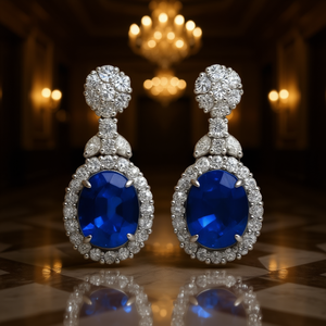 Orecchini Pendenti di Lusso con Gemma Blu, Placcati in Rodio con Accento di Diamante Ovale, Gioielli da Festa per Donne - Product Image 2