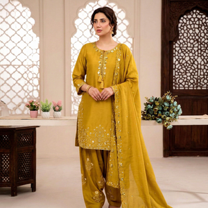 Salwar Kameez traditionnel pour femmes, jaune moutarde, brodé, en coton, vêtements décontractés, style Inde Pakistan, longueur cheville, coupe régulière - Product Image 1