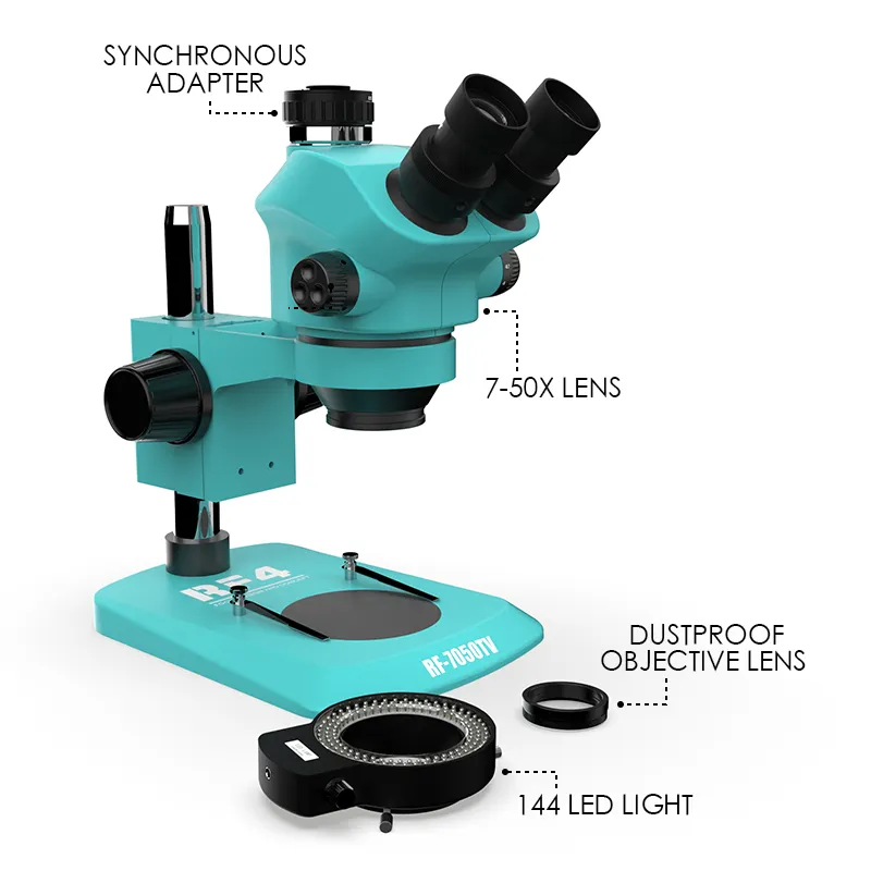 RF4 RF7050TV stereo trinocular Microscopio for Pcb Bga mobile repair with144 LED light 7-50X microscopes