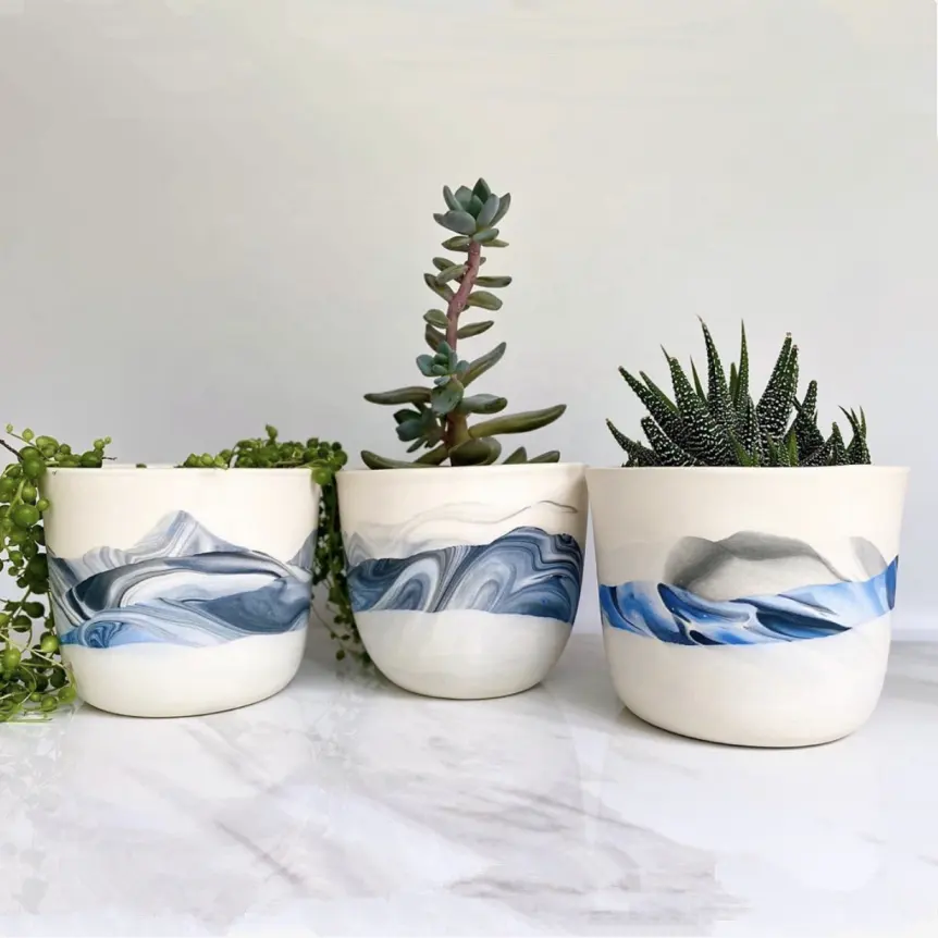 Kreatives Design blau weiße Tinte Malerei Glasur sukkulenter Topf Kombination Keramik Pflanze Blumentöpfe