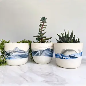 创意设计蓝白水墨画釉料多汁壶组合陶瓷植物花盆