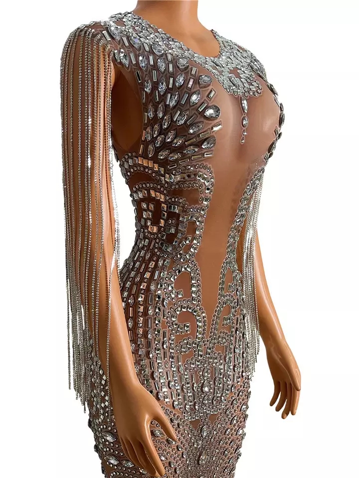 Sparkly Diamond Dress - Sexy Evening Gown with Fringe