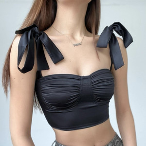 Women Summer New Arrivals <strong>Red</strong> Pleated Elegant Lace up Bow Tank <strong>Tops</strong> Ladies Slim Off Shoulder Cute <strong>Crop</strong> <strong>Top</strong> - Product Image 4