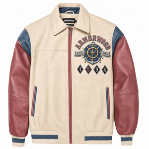 <span class=keywords><strong>Giacca</strong></span> Varsity in Vera <span class=keywords><strong>Pelle</strong></span> a Tre Tonalità Personalizzata con Applicazioni Ricamate, <span class=keywords><strong>Giacca</strong></span> da Baseball in <span class=keywords><strong>Pelle</strong></span> Cerata Bicolore per Uomo - Product Image 1