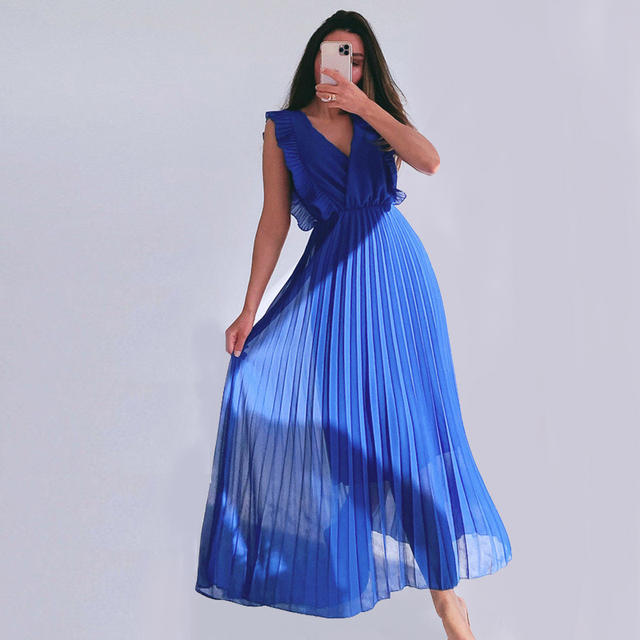 Factory Custom Women Fashion Casual v Neck Frill Ruffle a Line Maxi Dress