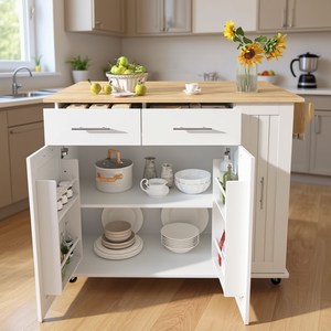 Carrello da Cucina Bianco a 3 Ripiani con 2 Cassetti, Mobiletto con Ruote e Piano Ribaltabile, Design Moderno - Product Image 2