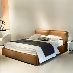 Modern Brown Leather Upholstered <b>Bed</b> <b>Frame</b> with Curved Wrap Around Headboard and Upholstered Base Platform <b>Bed</b> for Bedroom - Product Image 1
