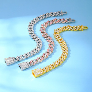 Gelang rantai pria, trendi Hip Hop 12mm kancing Flip baris tunggal zirkon Kuba gelang Tautan mode bahan kuningan - Product Image 1