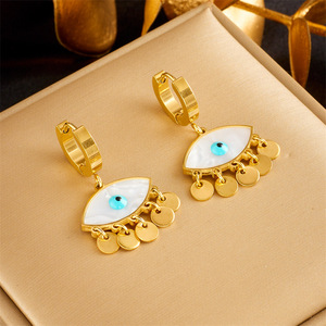 European American Fashion Blue Eye Drop Earrings Gold Tassel Geometric Party Jewelry Stainless Steel Ear Hoops - Product Image 1