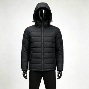 Veste d'hiver matelassée à capuche noire pour homme, avec fermeture éclair, logo personnalisé - Product Image 1