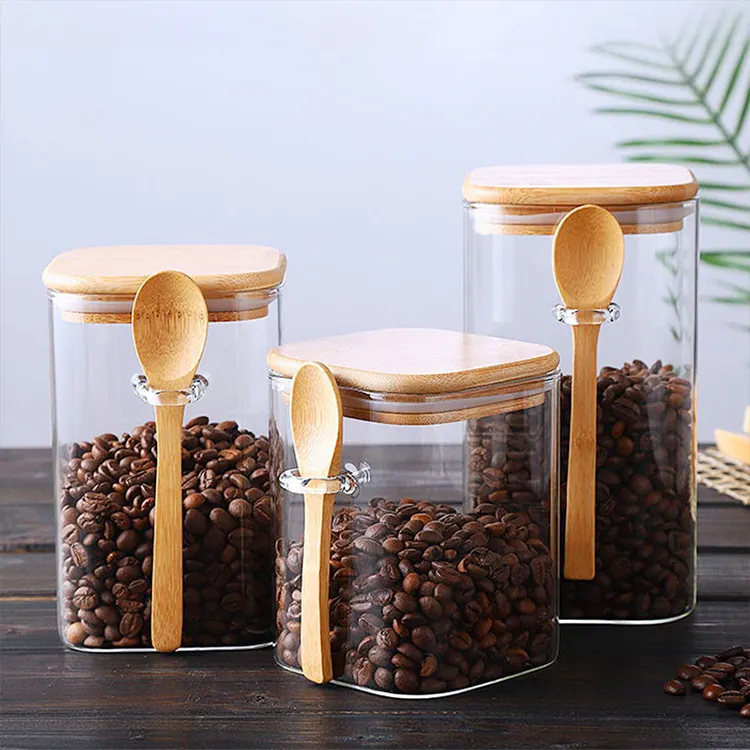 1000ml 1200ml 1500ml vaso contenitore per alimenti in vetro di forma quadrata con coperchio in bambù e cucchiaio di legno