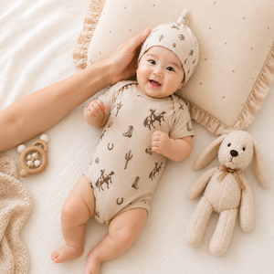 Combinaison bébé bio certifiée GOTS conforme CPC, manches courtes, imprimé western cowboy, col enveloppe, fermeture à boutons-pression, OEM ODM - Product Image 1
