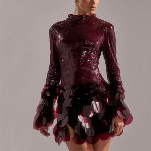 Abiti Casual Mini Avvolgenti con Paillettes <span class=keywords><strong>Bordeaux</strong></span> a Vita Alta con Collo a O <span class=keywords><strong>in</strong></span> <span class=keywords><strong>Maglia</strong></span> Elasticizzata a Doppio Strato Personalizzati - Product Image 2