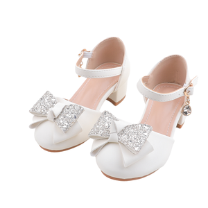 Sandali da principessa per bambina <span class=keywords><strong>rosa</strong></span> con fiocco glitterato bianco fibbia con cinturino tacchi bassi <span class=keywords><strong>scarpe</strong></span> da festa con suola morbida all'ingrosso - Product Image 2