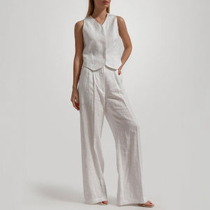 Completo Estivo a Due Pezzi in <span class=keywords><strong>Lino</strong></span>/Cotone con Top Senza Maniche e Pantaloni, Scollo a V, Tinta Unita, Personalizzabile per <span class=keywords><strong>Donna</strong></span> - Product Image 2