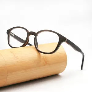 Kacamata Bingkai Optik Kayu Mewah Anti Cahaya Biru, Kacamata Bulat Desain Logam Sisipan Kayu untuk Pria dan Wanita