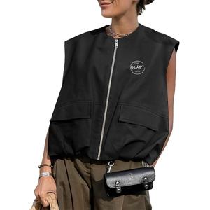 เสื้อแขนกุดทำงานทรงหลวมแบบคลาสสิกสำหรับผู้หญิงเสื้อมีกระเป๋าแบบมีซิปมีกระเป๋าเสื้อกั๊กคอจีบเย็บริมแบบคลาสสิกใหม่ฤดูใบไม้ผลิออกแบบได้ตามต้องการ - Product Image 6