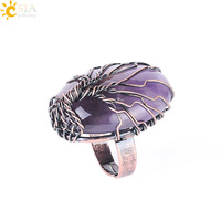 CSJA Fashion Antique Copper Natural Opal Stone Crystal Oval Bead Wire Wrapped Tree of Life Adjustable Rings for Women F391