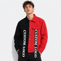 Veste en jean moto bicolore délavée et vieillie pour homme, grande taille, avec logo personnalisé, noir et rouge, collection printemps