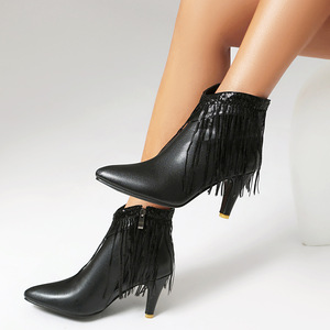 Botines Negros de Tacón de Aguja con Punta Fina, Decoración de Borlas y Lentejuelas, Cierre de Cremallera, Tendencia de Moda, Envío Directo - Product Image 4