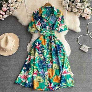 New Flower In Ấn Giản Dị Dresses Lần Lượt Xuống Cổ Áo Duy Nhất Ngực Vành Đai Thắt Lưng Phụ Nữ Ăn Mặc Tương Phản Một Dòng Phụ Nữ Quần Áo - Product Image 5