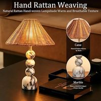 Lampada da Tavolo Vintage con Paralume in Rattan e Base in Marmo Calacatta Naturale per Camera da Letto, Soggiorno e Decorazione Casa