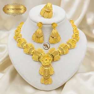 24K Gold Plated Classic Ethiopian Floral Leaf Design Wedding Charm <b>Necklace</b> Set with Earrings & <b>Ring</b> 16inches - Product Image 1