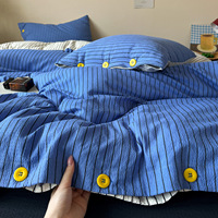 Ensemble de literie respirant à rayures avec boutons décoratifs, 4 pièces, housse de couette respirante, drap-housse pour toutes les saisons