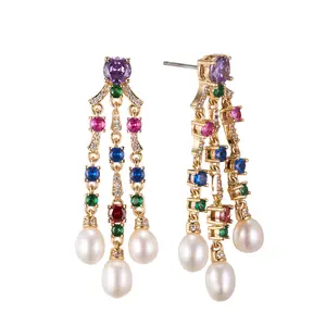 New Trend nano green spinel pink corundum pearl tassel 14k gold Brass earrings With Big Discount