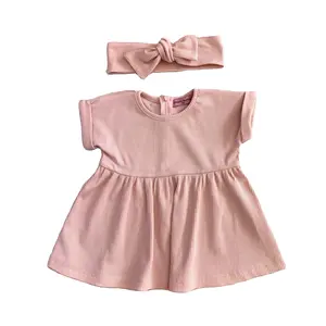 Úc Mùa Hè Bé Gân Dress Đồng Bằng Màu Hồng Muslin Linen Cô Gái Trẻ Em T Shirt Dress