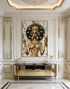 Pintura Moderna <span class=keywords><strong>de</strong></span> Lujo con Retrato <span class=keywords><strong>de</strong></span> Mujer Afroamericana, Lienzo, Cristal, Porcelana, Marco <span class=keywords><strong>de</strong></span> Metal Dorado, Arte <span class=keywords><strong>de</strong></span> Pared Hecho a Mano Ecológico - Product Image 1