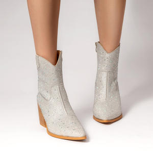 Botas Chelsea de tacón grueso brillante con diamantes de imitación para mujer, botas cortas al tobillo con cremallera lateral Vintage para mujer, <span class=keywords><strong>calzado</strong></span> de mujer - Product Image 2