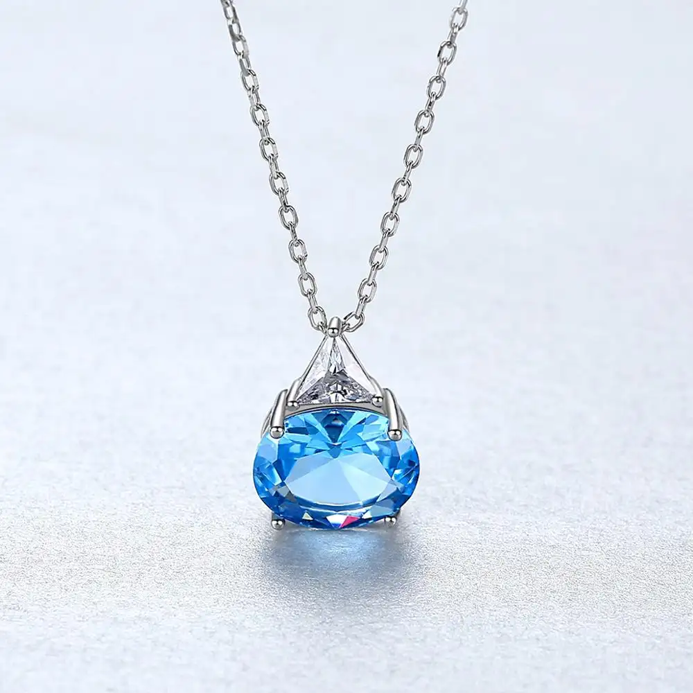 CZCITY High Quality Blue Topaz Round Pendant with Silver chain for Temperament Girl Design Wholesale Jewelry