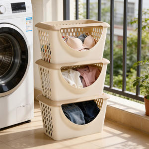 Home Basics Stackable Laundry Basket Rectangle With Lid Plastic Clothing Organizer Multi Functional Storage Basket For Closet - Product Image 1