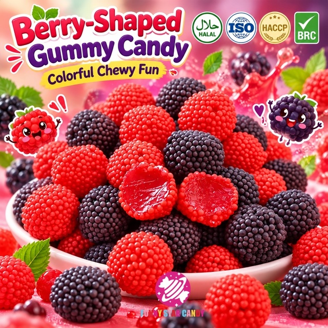 Wholesale Halal OEM Raspberry Blackberry Gummy Candy Sour Sweet Fruit Flavor Berry Shaped Soft Chewy Jelly Gummies
