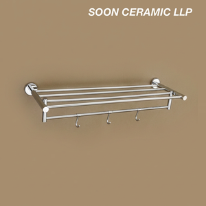 Porte-serviettes mural pliable moderne en acier inoxydable chromé de 60 cm avec 3/2 barres, crochets et support pratique pour serviettes - Product Image 1