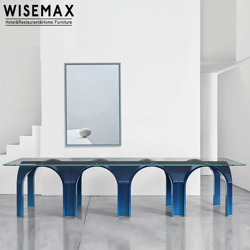 WISEMAX FURNITURE Modern home furniture glass round dining room table Rectangle glass top metal legs 6 seater dining table set