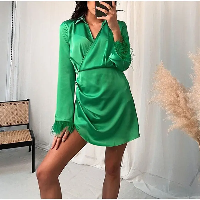 J&H 2023 new trendy Korean fashion ladies sexy Y2K satin feather dress fall slim fit ruched shirt dress party dresses