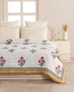 Handmade Red Poppy Floral Cotton <b>Quilt</b> Reversible Block Print <b>Bedspread</b> Soft Lightweight Bedding - Product Image 2