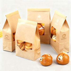 Sacs en papier kraft brun à fenêtre, à fond plat, à ouverture facile, pour le stockage de pain, biscuits et sandwichs, avec fermeture à lien métallique - Product Image 1