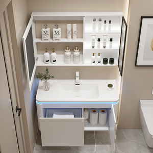 ตู้ห้องน้ำสีขาวแบบเรียบง่าย ตู้กระจกอัจฉริยะ ตู้เก็บของ ตู้อ่างล้างหน้าสีขาวแบบติดผนัง - Product Image 2