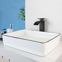 Wastafel Keramik Putih Modern 20 Inch Bentuk Persegi Panjang dengan Keran Waterfall dan Sistem Pembuangan Pop-up Satu Lubang di Tengah