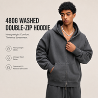 Sweat à capuche 480 GSM à double fermeture éclair, effet délavé vintage, en coton French Terry, épais, style streetwear, vente en gros