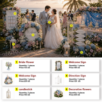 Décoration de mariage chic côtier et luxe discret, ensemble complet, arche d'hortensias bleus et roses, centre de table en mousseline transparente, toile de fond, solution OEM complète