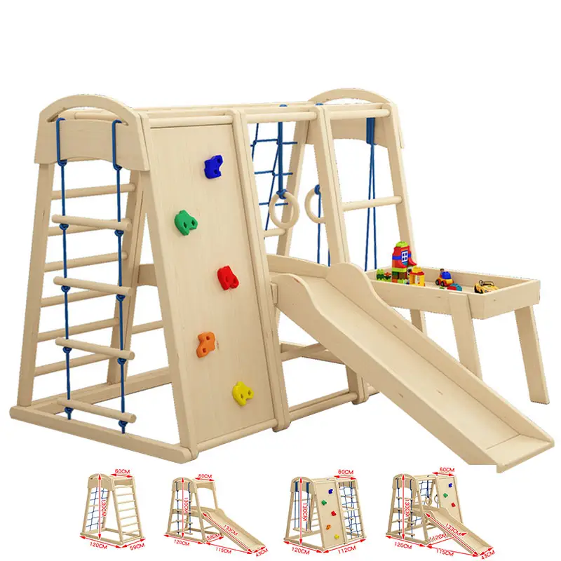 Indoor children playground baby kids solid wood climbing frames toy set with wooden slide swing rock climbing