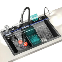 Évier de cuisine moderne multifonction à bac unique, anti-rayures, avec affichage numérique LED et cascade, et lave-tasses intégré