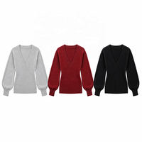 Pull en maille côtelé à col en V et manches lanternes pour femme, coupe ajustée, épaules tombantes, manches longues, automne-hiver, vente en gros ODM
