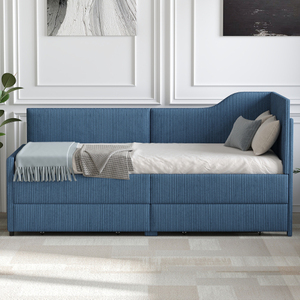 Modern Twin Size L-Shaped Corduroy Reclining Daybed Upholstered <b>Bed</b> Frame with 2 Storage Drawers Blue for Hotel Bedroom - Product Image 5
